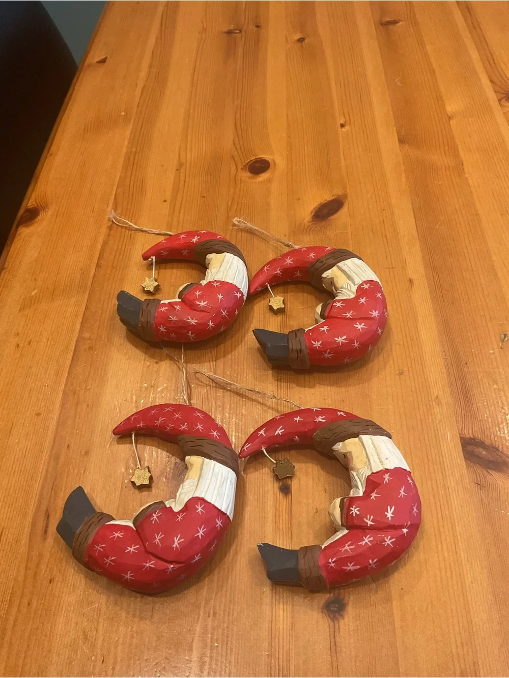 CRESCENT MOON SANTA WOODEN ORNAMENTS PRIMITIVE FARMHOUSE RUSTIC CHRISTMAS 4 LOT
